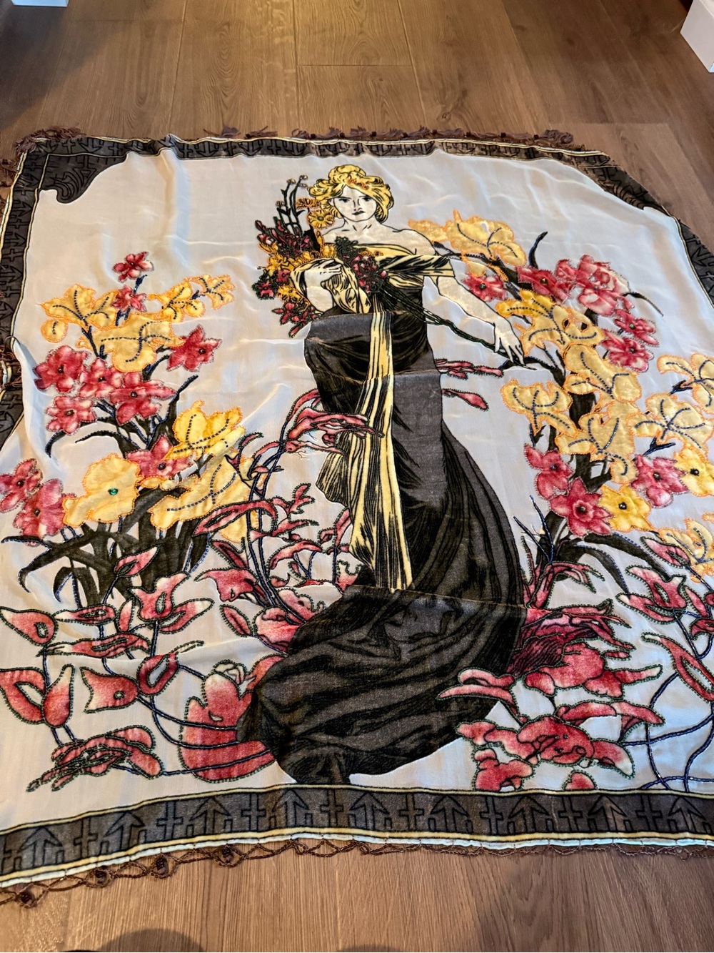 Art Nouveau Floral Lady Scarf - Black, Yellow, Pink